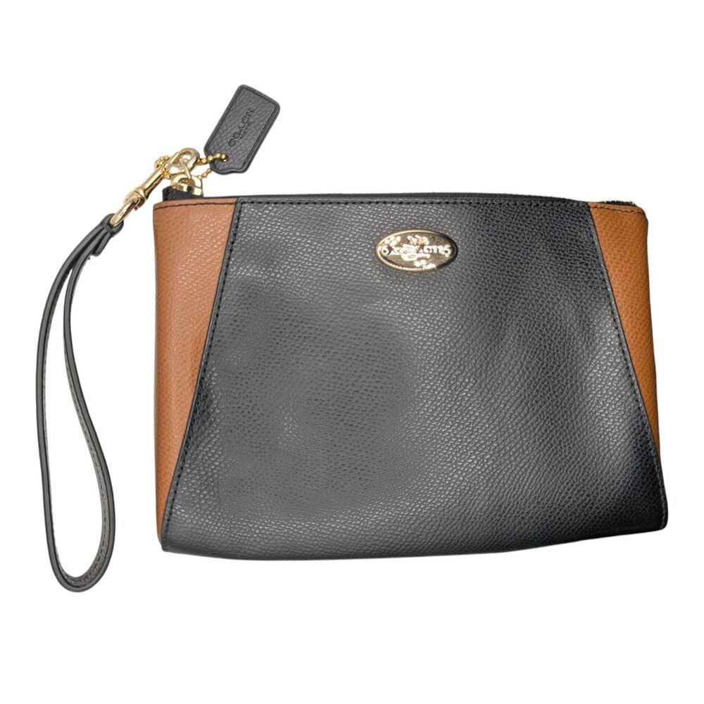 Coach Morgan Crossgrain Leather Clutch Wristlet Black Saddle Brown Color Block